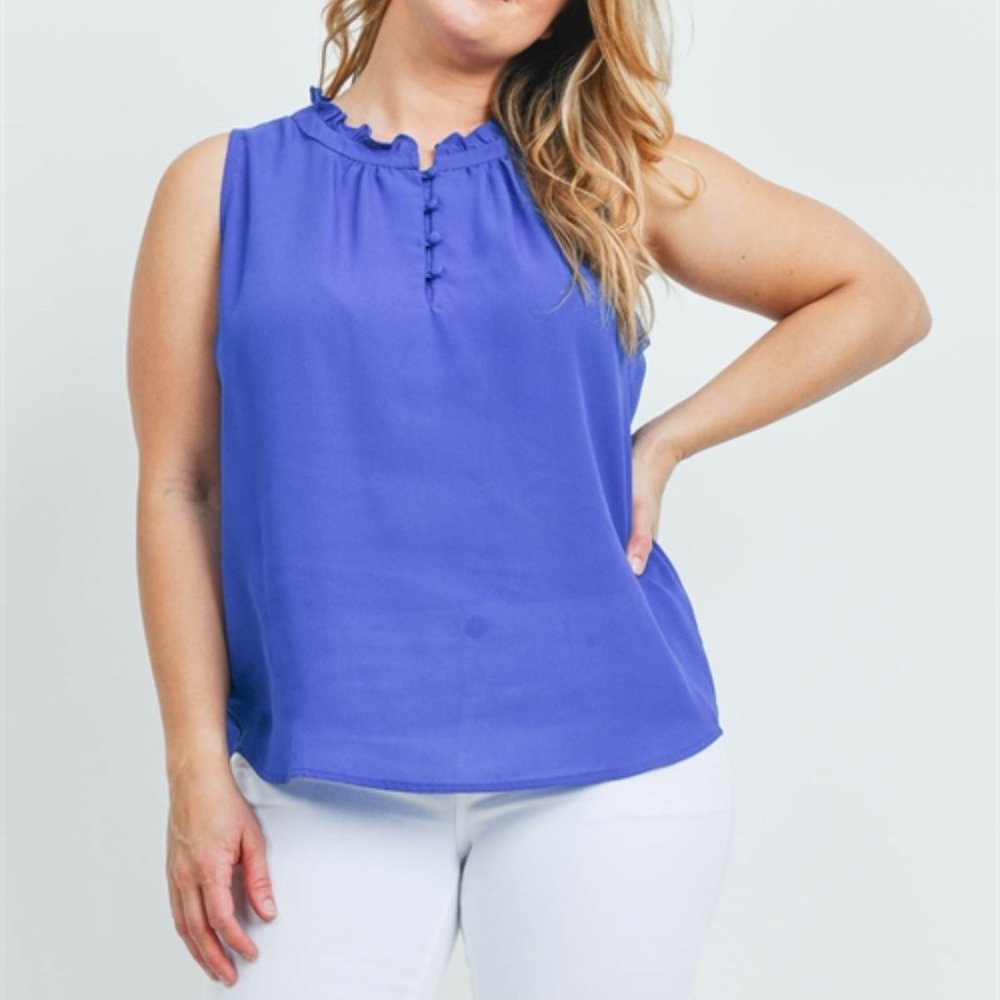 Plus Size, Periwinkle Colored Sleeveless, Ruffled Neck Top